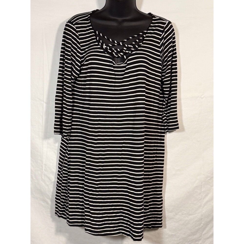 Now And Forever Black‎ Cream Striped Knit Shift Dress Size 1X 3/4 Sleeves Tunic